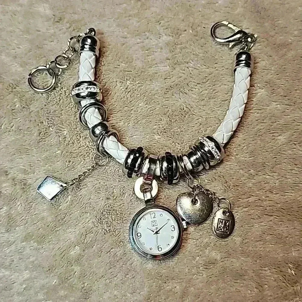 Funky NY&C Braided White Leather Charm and Bead Bracelet Watch